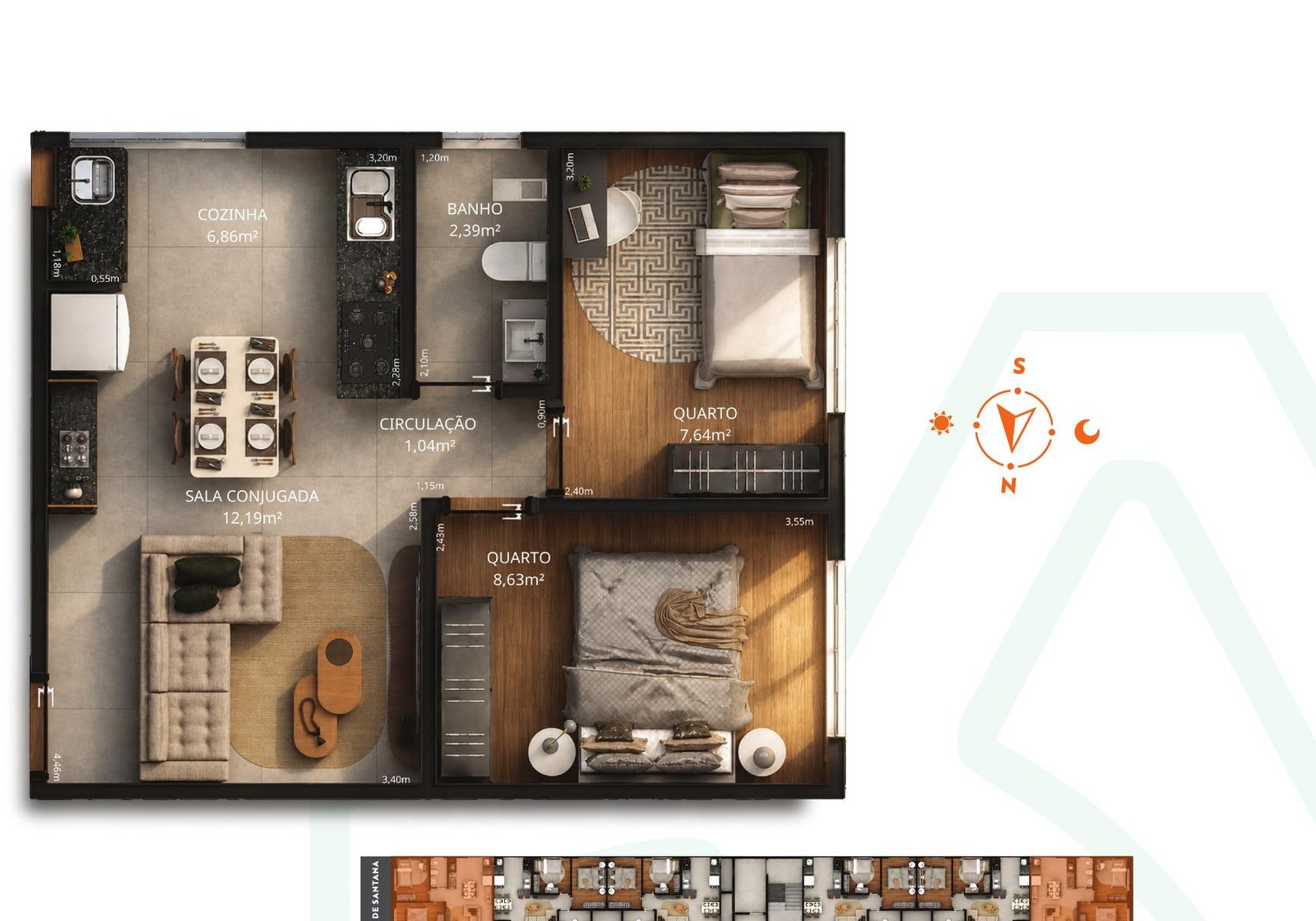 Planta Tipo 01, 06, 07 e 12 — 43,87 m²